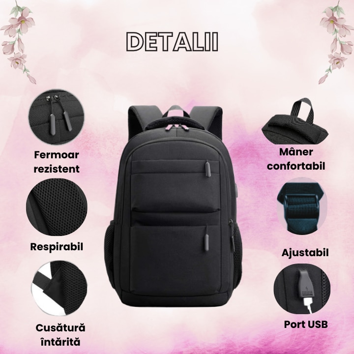 Ghiozdan multifunctional cu buzunare si spatiu pentru laptop, cu port de incarcare USB, rezistent la apa si la zgarieturi, unisex, pentru business si calatorii, 15.6 inch, negru