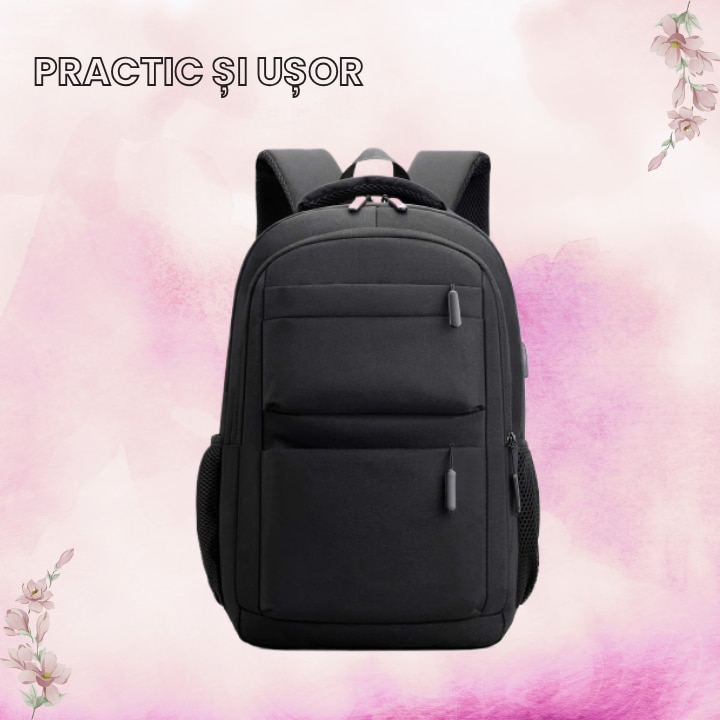 Ghiozdan multifunctional cu buzunare si spatiu pentru laptop, cu port de incarcare USB, rezistent la apa si la zgarieturi, unisex, pentru business si calatorii, 15.6 inch, negru