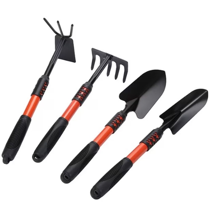Set 4 unelte pentru gradina, Ronyes®, manere din plastic ranforsat extins si constructie din otel inoxidabil, durabil, 36.5-43 cm, negru