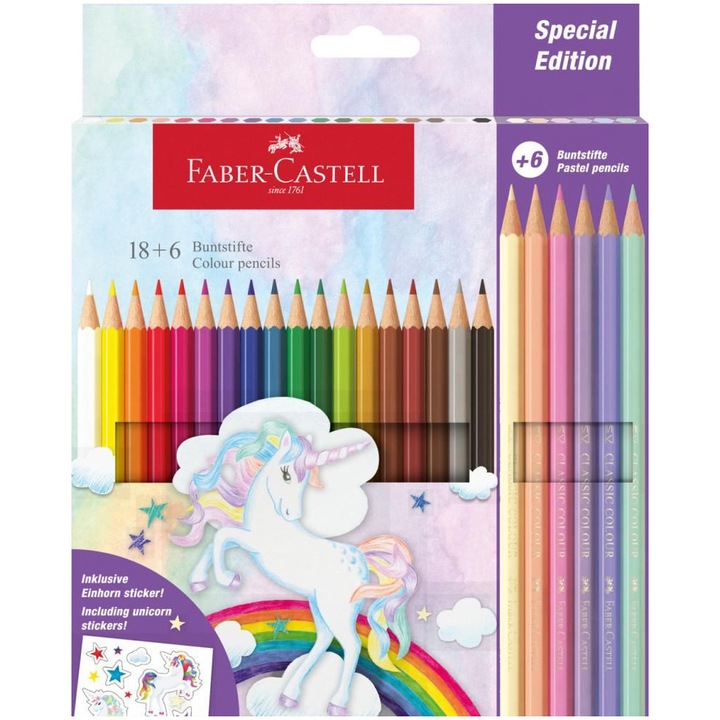 Creioane colorate Faber-Castell Unicorni, 18 + 6 culori/set