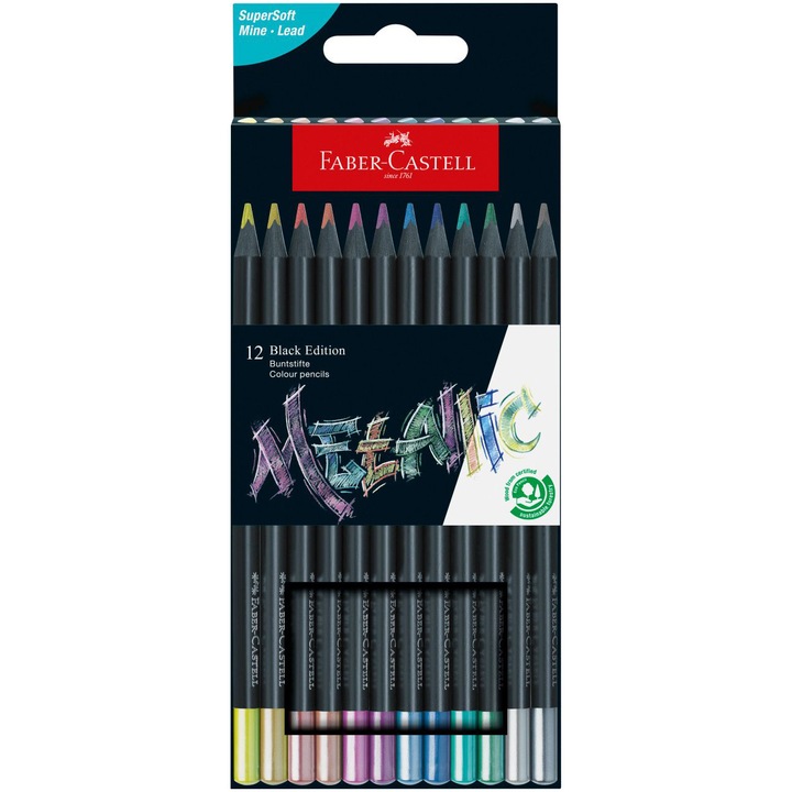 Цветни моливи Faber-Castell Black Edition, 12 металически цвята