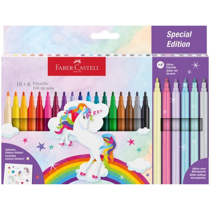 Флумастери Faber-Castell, Еднорози, 18 + 6 цвята/комплект