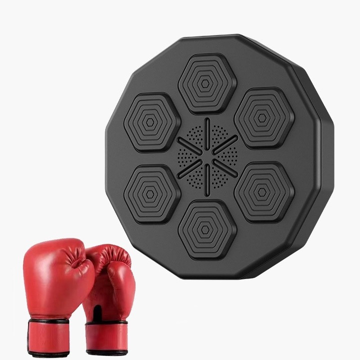 Bokszcéltábla, Kesztyűvel, Beépített hangszóró, Bluetooth kapcsolat, LED világítás az ütési területhez, Falra szerelhető, Gyerekek és Felnőttek, Fekete