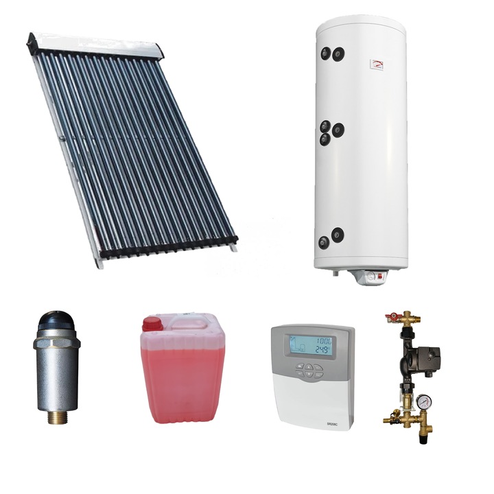 Sistem solar apa calda 150L, Colector 15 Tuburi, Boiler 150L 2S Tesy, grup pompare panou solar