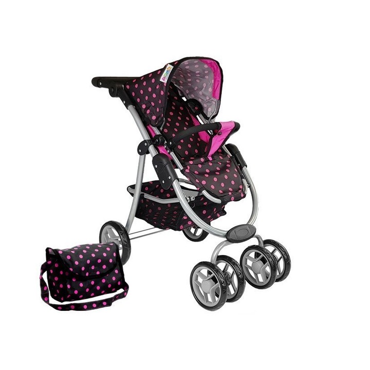 Количка за кукли, черна на розови точки, 2 в 1, LeanToys, 7706