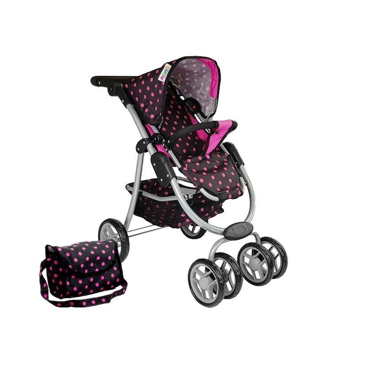 Количка за кукли, черна на розови точки, 2 в 1, LeanToys, 7706