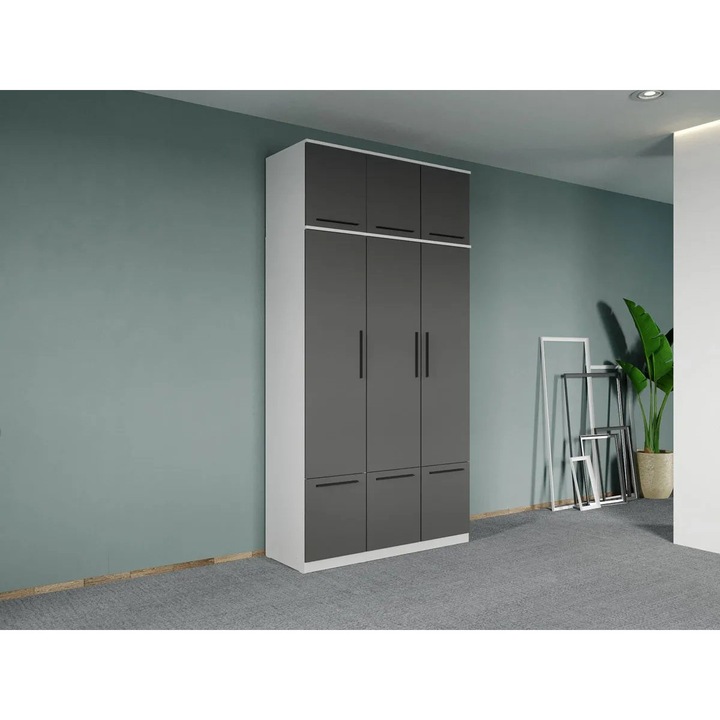 Dulap dormitor, Madrid, Alb cu Gri, 3U, Suprapozabil, Pal Melaminat