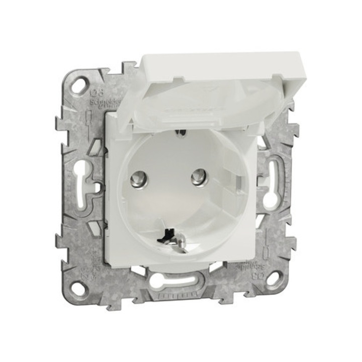 Priza Simpla Cu Impamantare Schneider Unica, Capac De Protectie Ip44, Alb