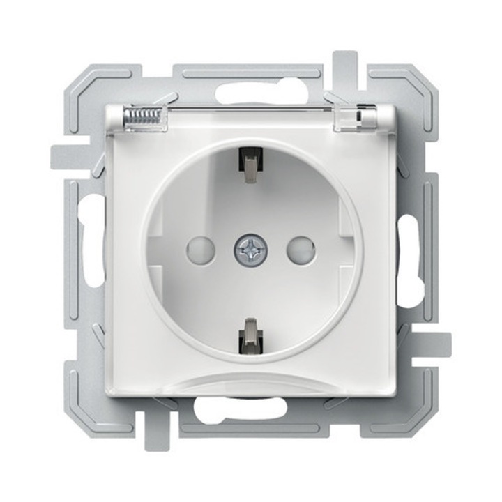 Priza Simpla Cu Impamantare Tem Logiq, Capac De Protectie, Alba
