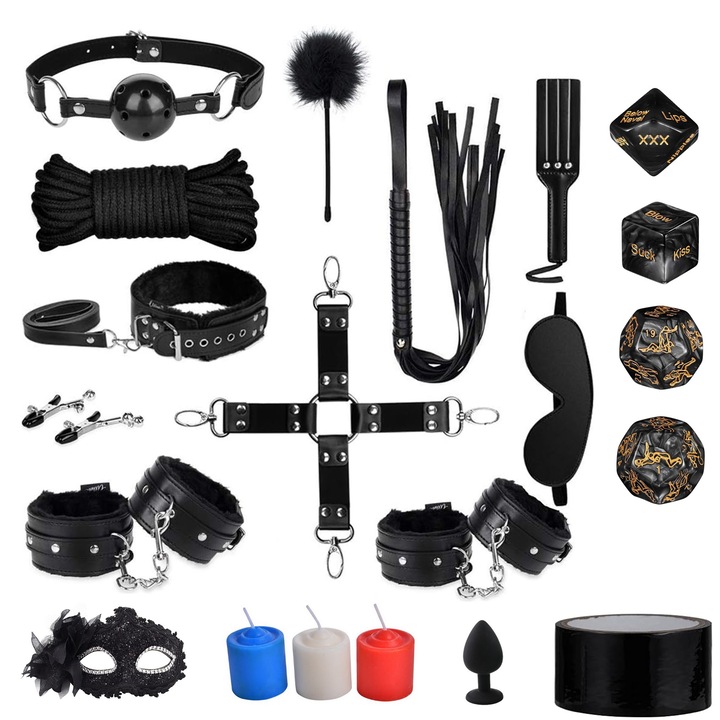 Комплект от 21 еротични играчки, NUODWELL, BDSM, еко кожа, робство, белезници, камшик, яка, въже, перо, маншети, анални тапи, маски, секс играчки за възрастни, черни
