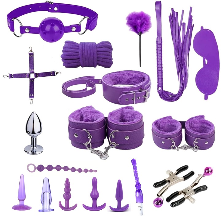 Комплект от 18 еротични играчки, NUODWELL, BDSM, еко кожа, робство, белезници, камшик, яка, въже, перо, маншети, анални тапи, маски, секс играчки за възрастни, лилаво