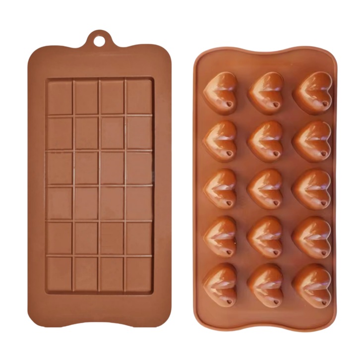 Set 2 Forma din Silicon Blocuri si Inimioara pentru Ciocolata de Casa, Bomboane, Jeleuri sau Cuburi de Gheata, Tableta, 22.3 x 10 .6x 1cm, enkourakoko®, Maro