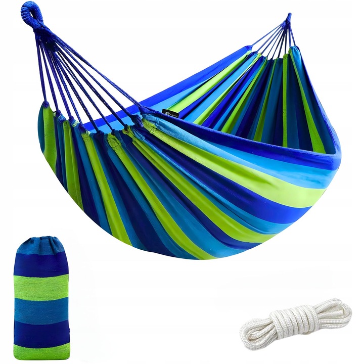 Двоен хамак, Градински, с покривало, 250x150 см, Памук, Полиестер, Син/Зелен, Максимално натоварване 160 кг