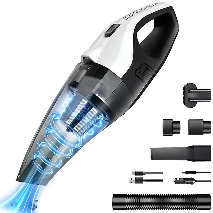 Aspirator de Mana Compact si Portabil SeveShop, Usor de Folosit, Ideal pentru Casa si Birou, 7.4V, 2000 mAh, 0.7L, 5.500 PA, Autonomie 20 min, Filtru HEPA, Curatare Uscata a Prafului si Murdariei, Design Ergonomic si Modern, Alb