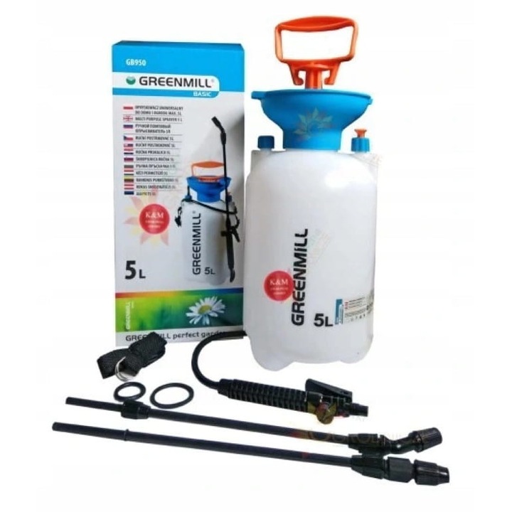 GreenMill kerti permetező, 5 literes, többfunkciós, könnyű lándzsa 55 cm, rugalmas tömlő 115 cm