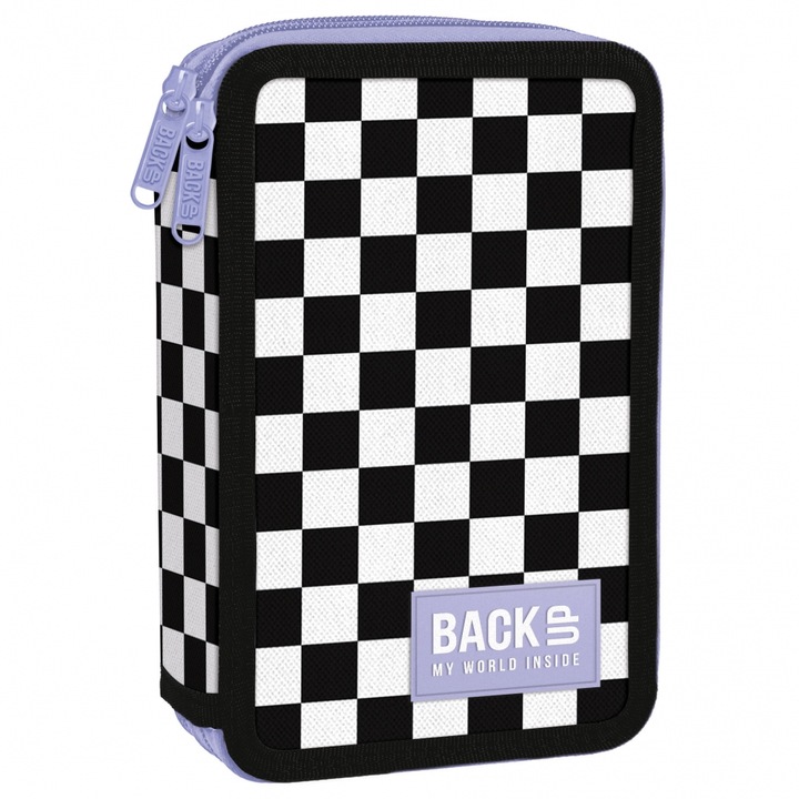 Dupla tolltartó felszereléssel, BACK UP, Sakk motívum, 20 x 13 x 5 cm, Lila / Fekete / Fehér