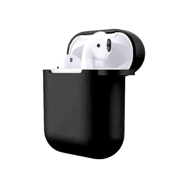 Husa de Silicon pentru AirPods 2nd generation FONIX, Protectie, Gaica pentru ceas, Carabina de prindere, Anti-praf, Anti-soc, Negru