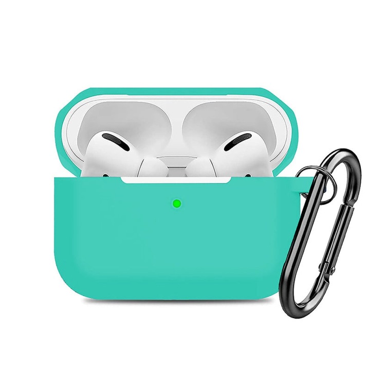 Husa Silicon Protectie pentru Apple AirPods Pro 1 / Pro 2 CASEY STUDIOS™, din Silicon Moale, cu Breloc Carabina, Incarcare Wireless, Green Turqoise