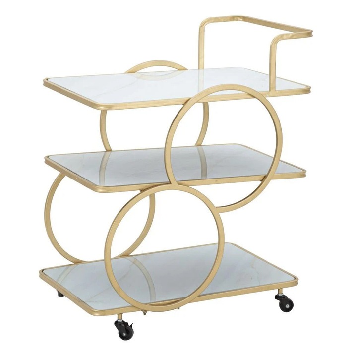 Carucior pentru servire Carrara alb/auriu din MDF si metal, 64 cm, Marble Mauro Ferretti