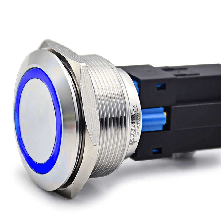 Buton Push 30mm cu Revenire 24V Led Albastru