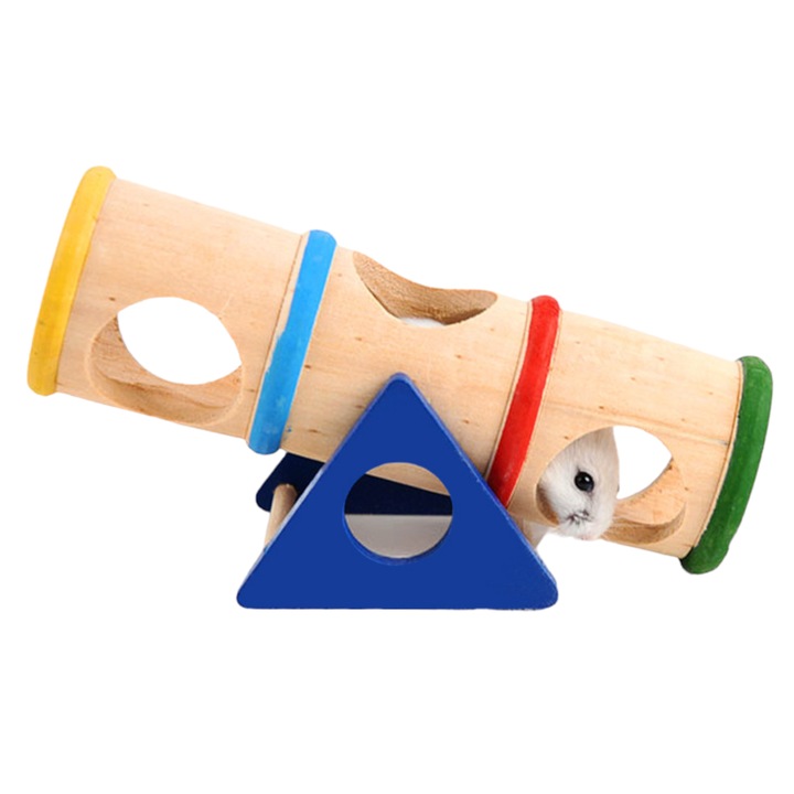 Jucarie 2 in 1 pentru hamsteri - balansoar si tunel cu gauri, din lemn de pin