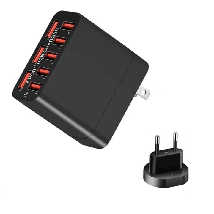 Incarcator Retea Alainn ®, 40W, cu 8 Porturi USB, QC Qualcomm 3.0, Stecher EU si US