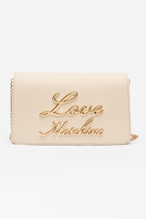 Love Moschino, Geanta crossbody de piele ecologica cu aplicatie logo metalica, Crem