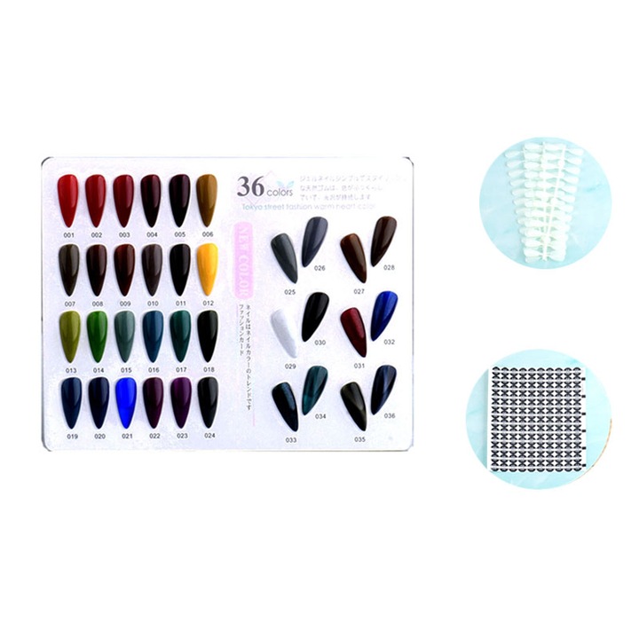 Paletar expunere culori pentru manichiura, suport metalic, 36 culori, transparent