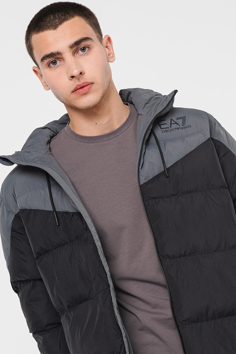 EA7, Geaca cu gluga si logo, Negru/Grej