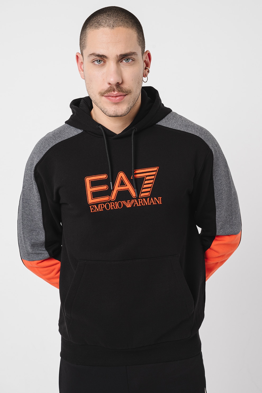 EA7, Hanorac lung cu buzunar kangaroo, Negru, Gri, Portocaliu, XL
