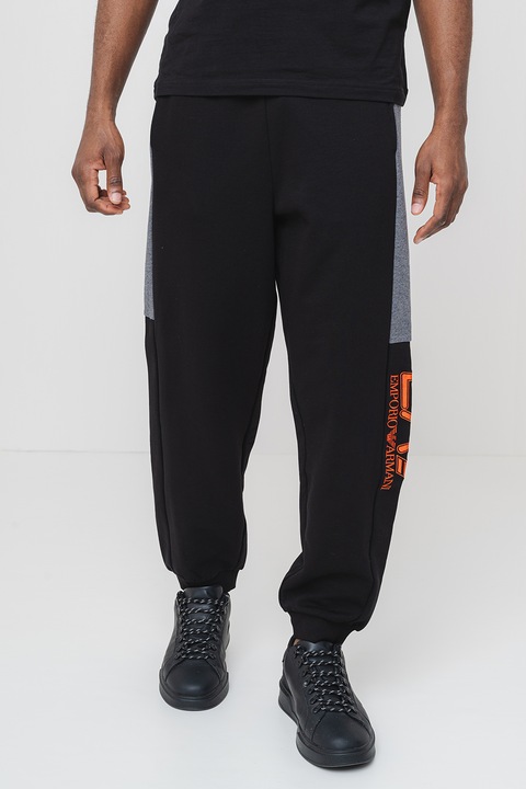 EA7, Pantaloni de trening cu snur, Negru/Gri inchis melange