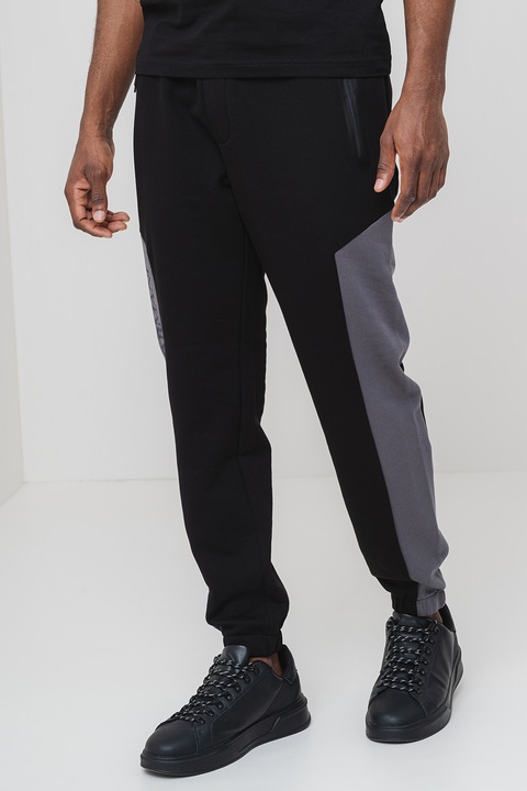 EA7, Pantaloni de trening cu snur, in doua nuante, Negru/Gri inchis