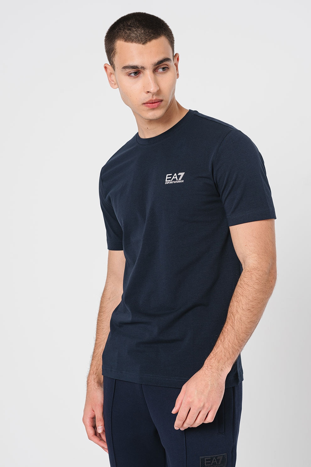 EA7, Tricou cu decolteu la baza gatului si logo, Alb, Bleumarin, XL