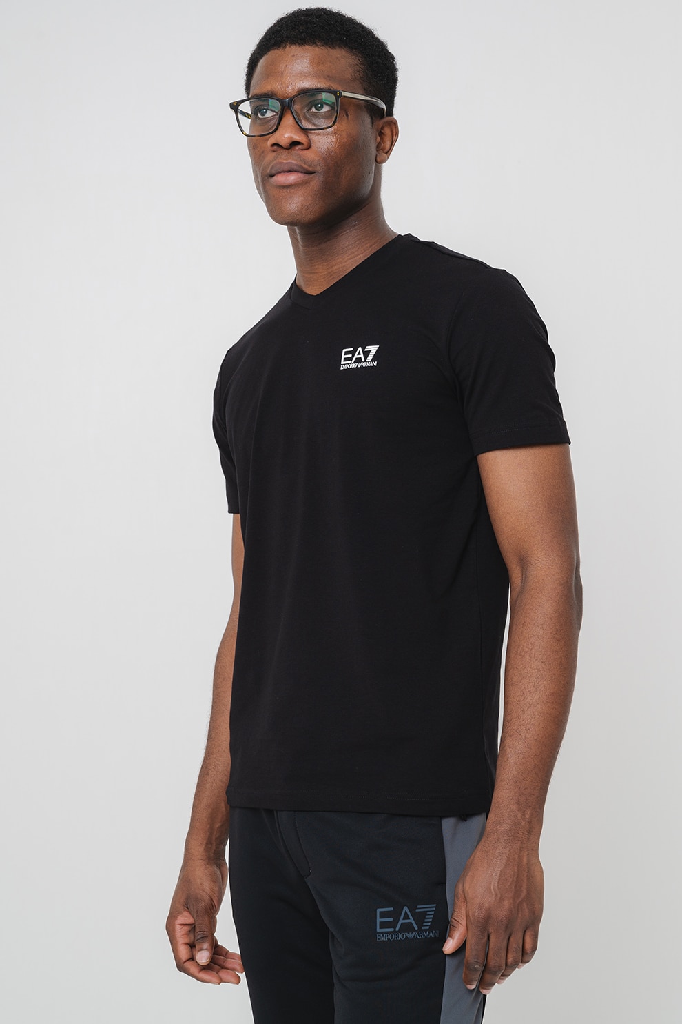 EA7, Tricou din amestec de bumbac cu logo, Negru stins, Alb optic, L