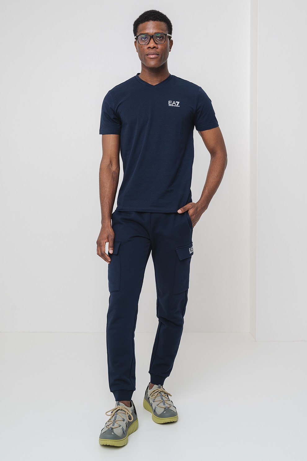 EA7, Tricou din amestec de bumbac cu logo, Alb optic, Bleumarin, M