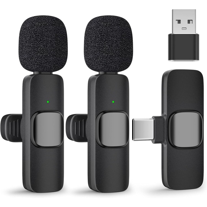 Microfon lavalier wireless, compatibil iPhone 15/Android/laptop, DSP, 5-6 ore autonomie, negru