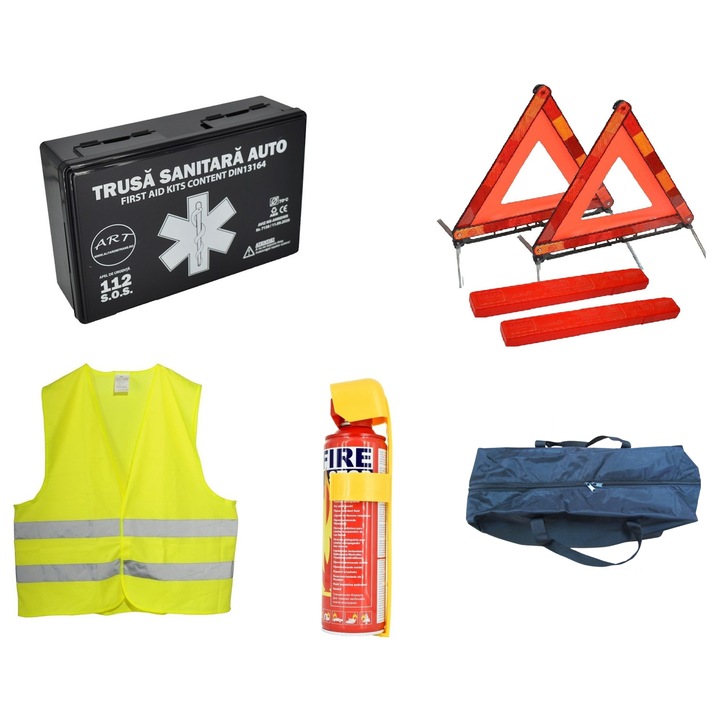 IdealSTORE autós biztonsági készlet, RAR jóváhagyással, érvényesség 5 év, 1x elsősegély-készlet, 2x háromszög, 1x porlasztó tűzoltó készülék, 1x fényvisszaverő mellény, tárolótáska
