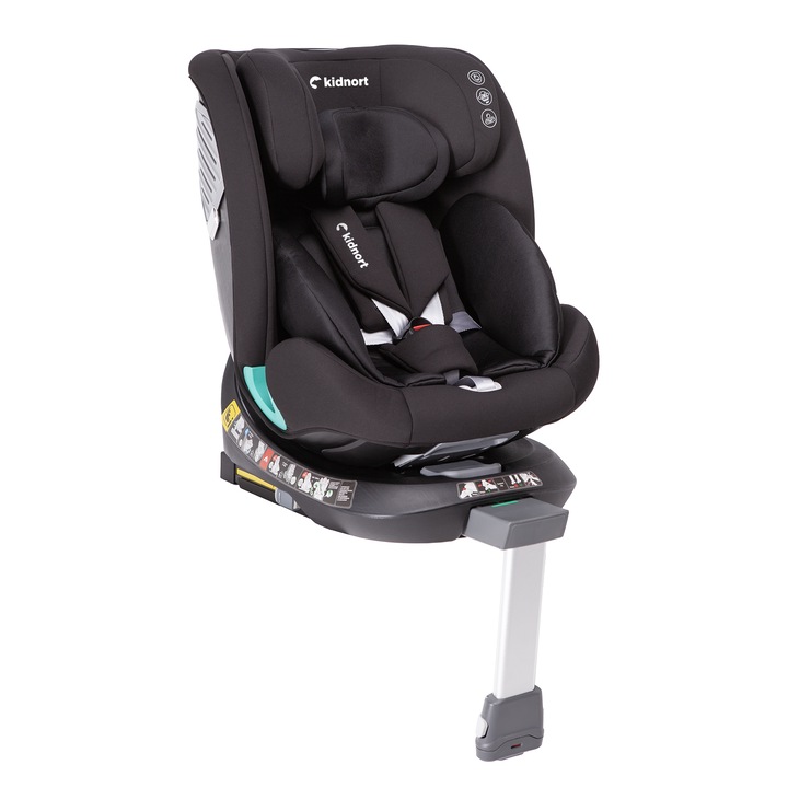 Scaun auto pentru copii, Kidnort, cu isofix, rotativ 360, i-Size R129, cu picior stabilizator si tetiera reglabila, 40-150 cm, dimensiune 46.5 x 35 x 56 cm, Radjur Black