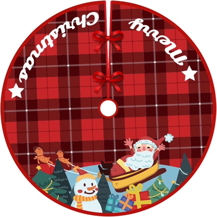 Fusta pentru brad, scena Mos Craciun cu sanie, carouri, rosu, 90cm