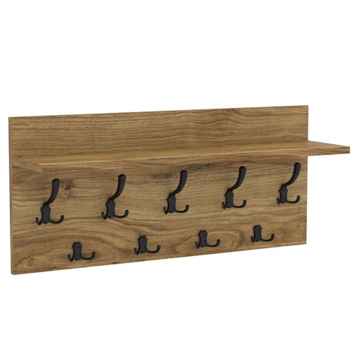 Cuier de perete VERTI cu carlige negre AKKE, Stejar natur, 40X90