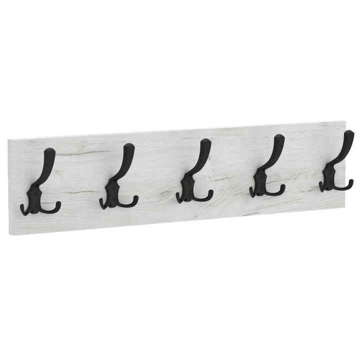 Cuier de perete PICO cu carlige negre AKKE, Stejar craft alb, 15X70