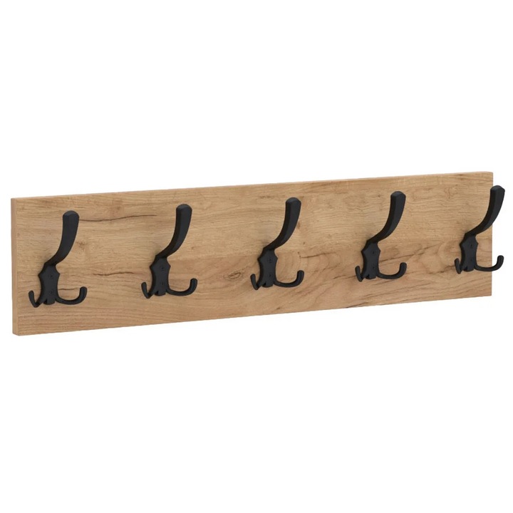 Cuier de perete PICO cu carlige negre AKKE, Stejar auriu, 15X60