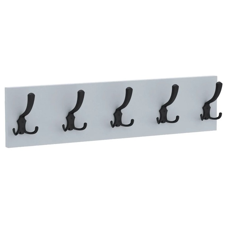 Cuier de perete PICO cu carlige negre AKKE, Gri deschis, 15X70