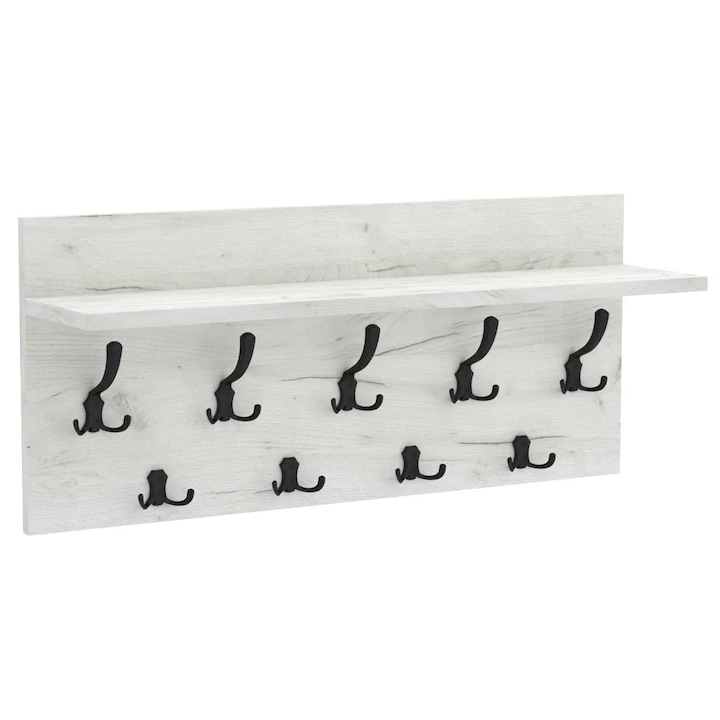 Cuier de perete VERTI cu carlige negre AKKE, Stejar craft alb, 40X80