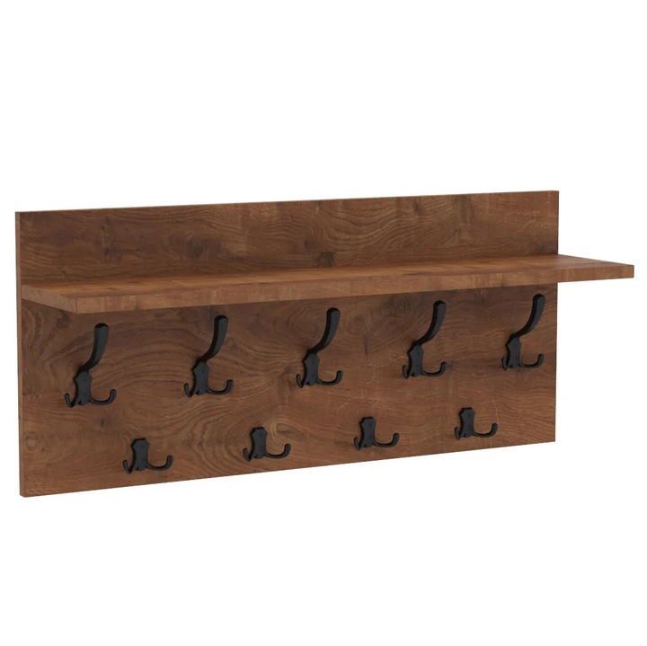 Cuier de perete VERTI AKKE cu 9 carlige negre, design modern si functional, pentru hol, dormitor, birou, baie, suport haine si accesorii, placa 18mm, Stejar antichizat, 40X70 cm, solutie organizare eleganta