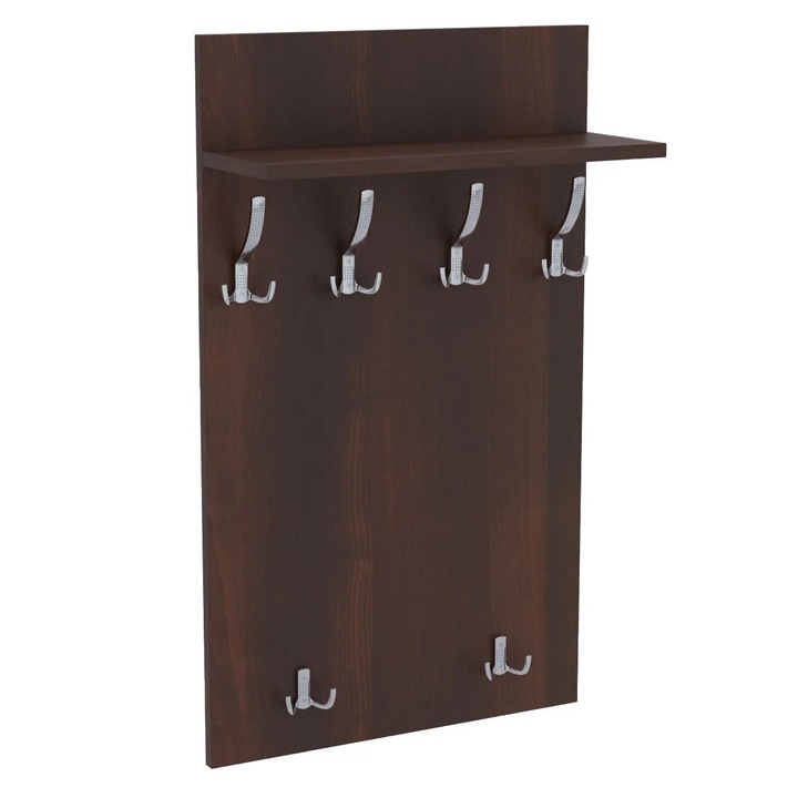 Cuier de perete MAXI cu carlige cromate AKKE, Nuc inchis, 90X60