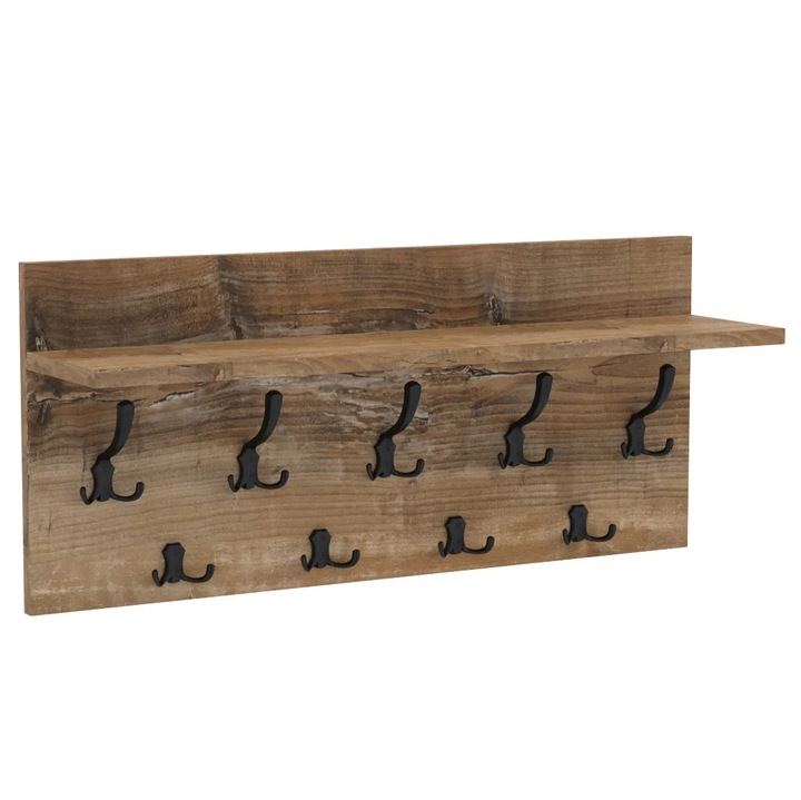 Cuier de perete VERTI cu carlige negre AKKE, Efect lemn de nuc, 40X70