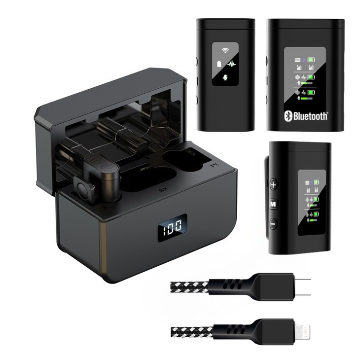 Set 2 microfoane duble lavaliera, SUNNYLAV® S33, Conexiuni Type C, iPhone si BLUETOOTH, Functii pe lavaliera, Ajustare Volum in timp real, AI Reducere zgomot, Compatibil Telefon, Laptop si DSLR, nivel baterie afisat