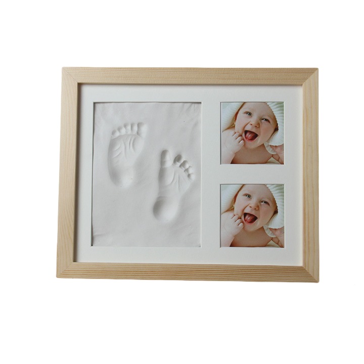 Set amprente bebelus, cadru foto, argila, alb/bej