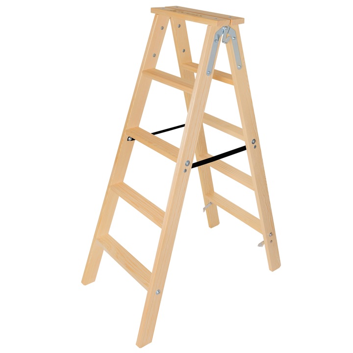 Scara de lucru KADAX, 5 trepte, lemn, pliabila, dubla, inaltime 136cm